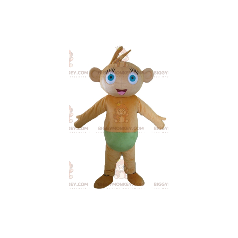 Sinisilmäinen ruskea apina BIGGYMONKEY™ maskottiasu vihreillä Sinisilmäinen ruskea apina BIGGYMONKEY™ maskottiasu vihreillä