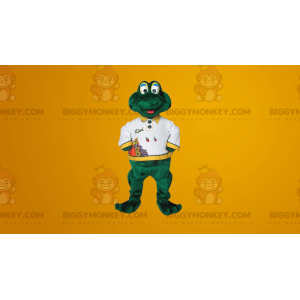 Kostým roztomilého usmívajícího se zeleného žabáka BIGGYMONKEY™ maskota