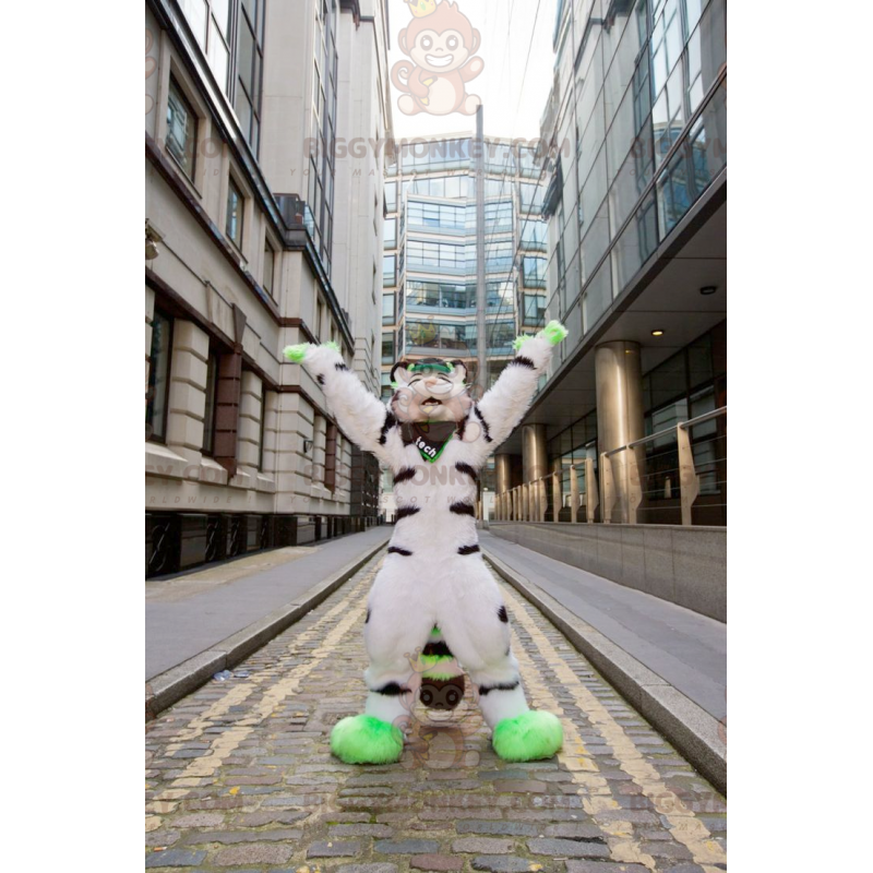 BIGGYMONKEY™ Costume mascotte gatto peloso bianco nero e verde BIGGYMONKEY™ Costume mascotte gatto peloso bianco nero e verde