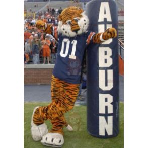 Orange och svart tiger BIGGYMONKEY™ maskotdräkt med blå skjorta - Tiger maskot - BIGGYMONKEY_0447 - BiggyMonkey.com