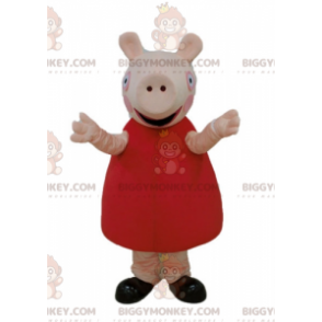 BIGGYMONKEY™ Mascottekostuum roze varken met rode jurk -