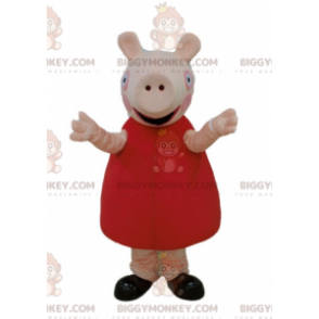 Kostým maskota BIGGYMONKEY™ Růžové prase s červenými šaty –