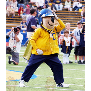 BIGGYMONKEY™ Mascot Costume of Brown Bear in Yellow and Blue