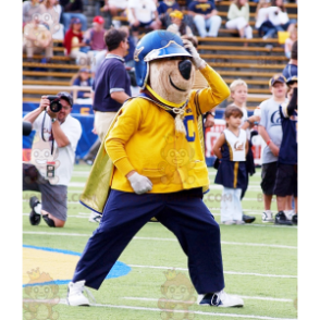 BIGGYMONKEY™ Mascot Costume of Brown Bear in Yellow and Blue