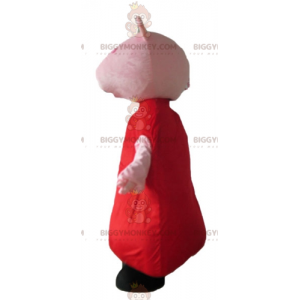 Traje de Mascote BIGGYMONKEY™ Porco Rosa com Vestido Vermelho –