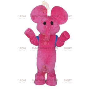 Vaaleanpunainen norsu BIGGYMONKEY™ maskottiasu sinisellä laukkulla - Elefantti-maskotit - BIGGYMONKEY_03627 - BiggyMonkey.com