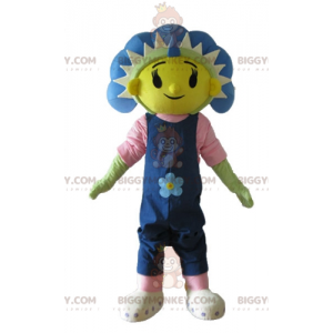 Costume da mascotte gigante blu giallo e verde fiore