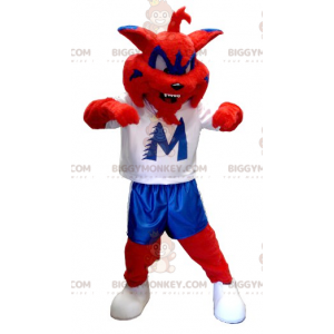 Traje de mascote de gato vermelho azul e branco BIGGYMONKEY™ –