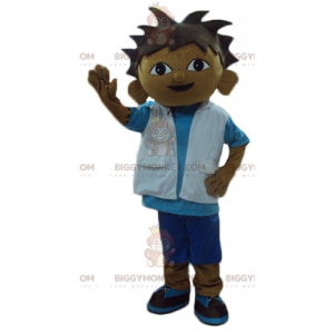 Mixed race boy BIGGYMONKEY™ mascot costume in blue and white