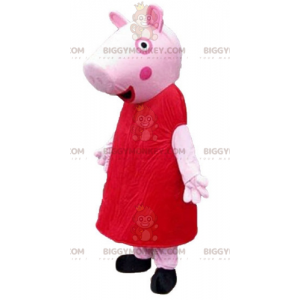 BIGGYMONKEY™ Pink Pig Mascot Costume Wearing Red Dress -