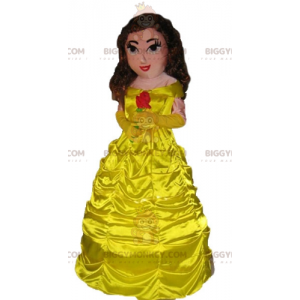 Prinsesse BIGGYMONKEY™ maskotkostume iført en smuk gul kjole -