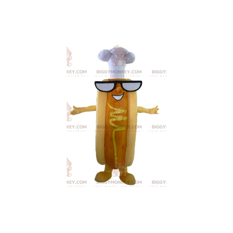 Erittäin hauska hot dog BIGGYMONKEY™ maskottiasu, jossa lasit Erittäin hauska hot dog BIGGYMONKEY™ maskottiasu, jossa lasit