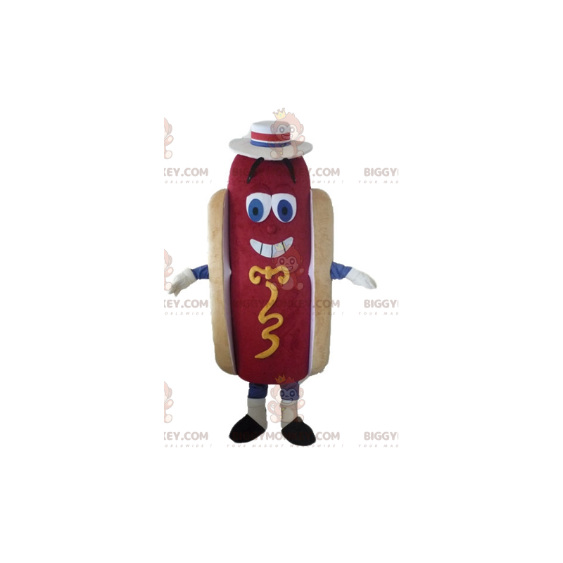Χαριτωμένη και πολύχρωμη στολή μασκότ BIGGYMONKEY™ Giant Hot Dog με καπέλο - Μασκότ τροφίμων - BiggyMonkey.com