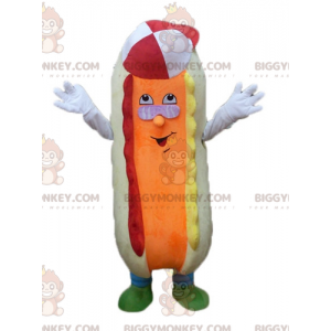 Colorful and funny beige and orange hot dog BIGGYMONKEY™ mascot