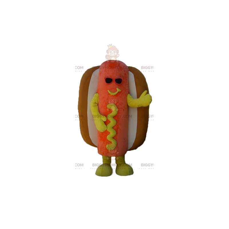 Disfraz de mascota Hot Dog gigante naranja, amarillo y marrón Disfraz de mascota Hot Dog gigante naranja, amarillo y marrón