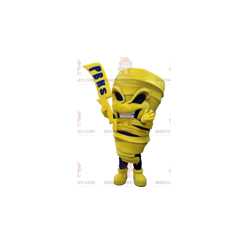 Costume de mascotte BIGGYMONKEY™ de momie jaune et bleue avec Costume de mascotte BIGGYMONKEY™ de momie jaune et bleue avec