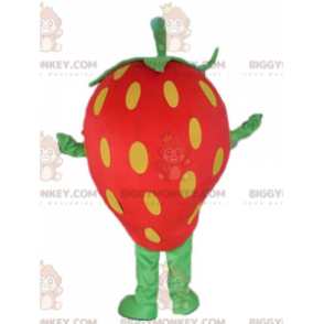 Traje de mascote gigante vermelho amarelo e verde morango