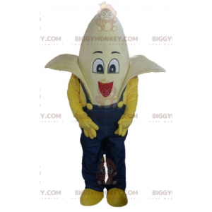 Giant Banana BIGGYMONKEY™ Maskottchenkostüm in blauen Overalls