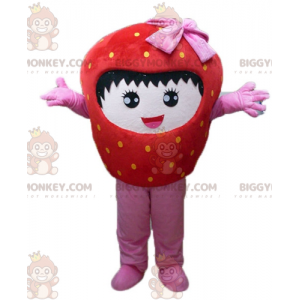 Χαμογελαστή στολή μασκότ με γιγάντιο κόκκινο και ροζ φράουλα