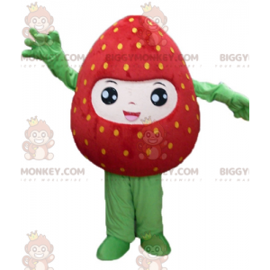 Disfraz de mascota gigante sonriente de fresa roja y verde