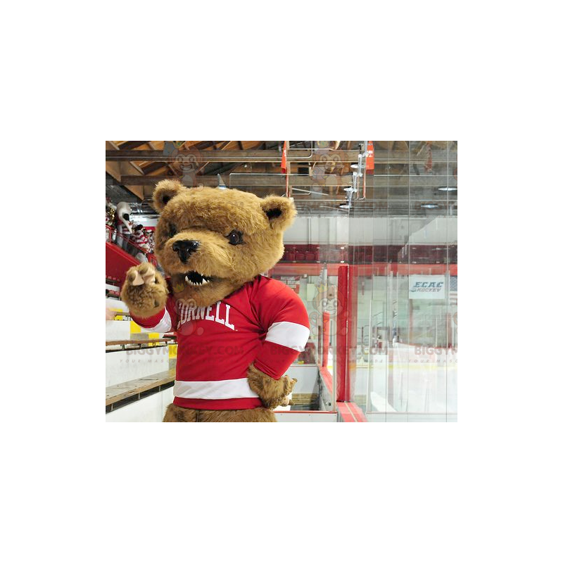 Costume de mascotte BIGGYMONKEY™ d'ours brun avec un pull rouge Costume de mascotte BIGGYMONKEY™ d'ours brun avec un pull rouge