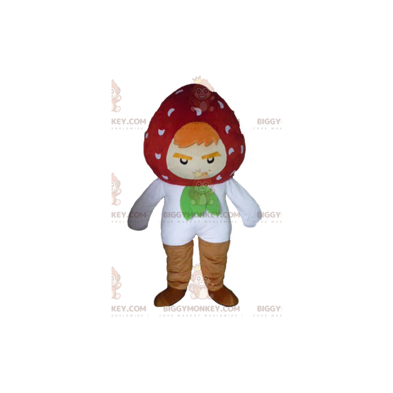 Costume de mascotte BIGGYMONKEY™ de fraise à l'air farouche et Costume de mascotte BIGGYMONKEY™ de fraise à l'air farouche et