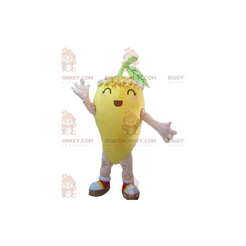 Traje de mascote BIGGYMONKEY™ amarelo limão com flores na Traje de mascote BIGGYMONKEY™ amarelo limão com flores na