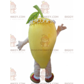 Disfraz de mascota BIGGYMONKEY™ amarillo limón con flores en la cabeza - Mascota de la fruta - BiggyMonkey.com