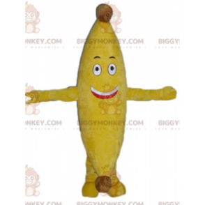 Fantasia de mascote gigante de banana amarela sorridente