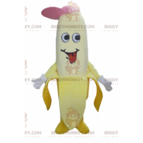 BIGGYMONKEY™ maskotkostume kæmpe gul banan med lyserød kasket -