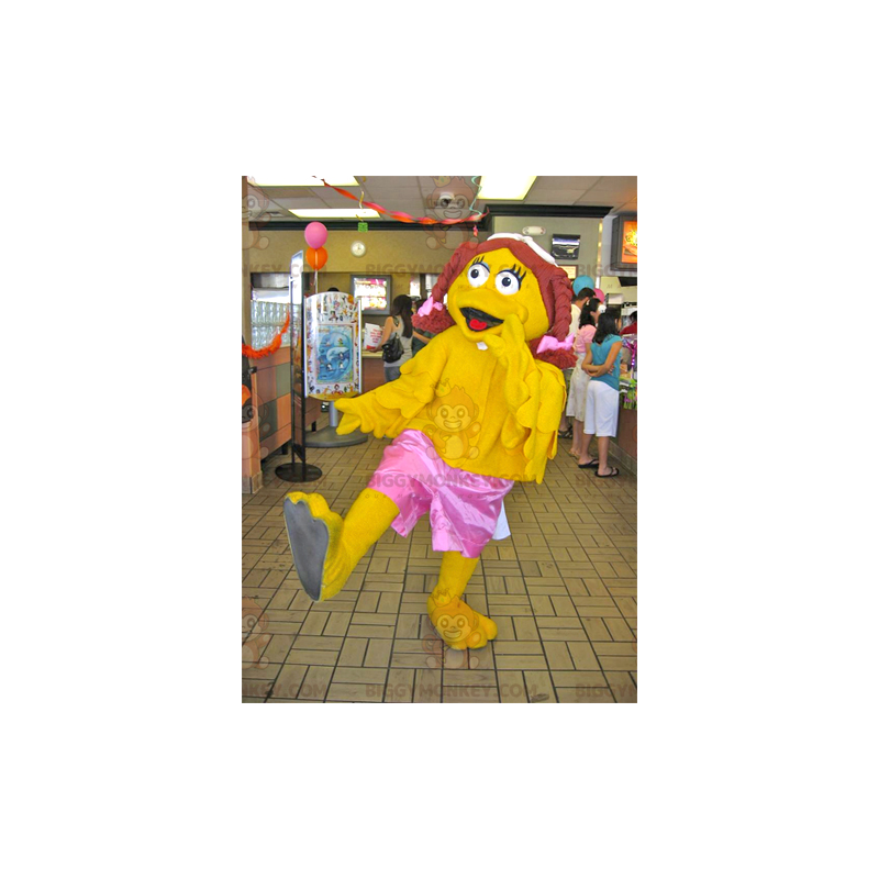 Girl's Yellow Duck BIGGYMONKEY™ maskotdräkt med flätor - Ankor maskot - BIGGYMONKEY_0483 - BiggyMonkey.com