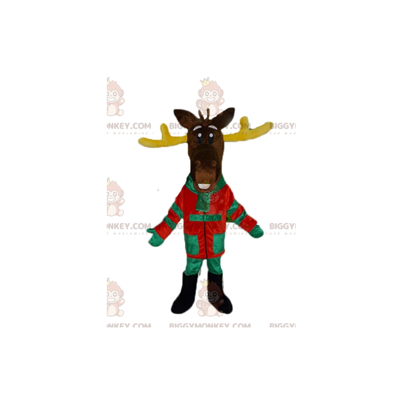 BIGGYMONKEY™ Maskotdräkt Brun ren med gula horn i färgglad BIGGYMONKEY™ Maskotdräkt Brun ren med gula horn i färgglad