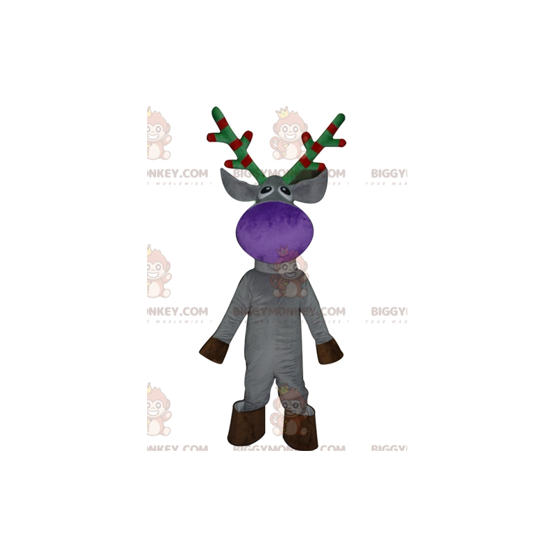 BIGGYMONKEY™ maskotkostume Grå rensdyr med røde og grønne BIGGYMONKEY™ maskotkostume Grå rensdyr med røde og grønne