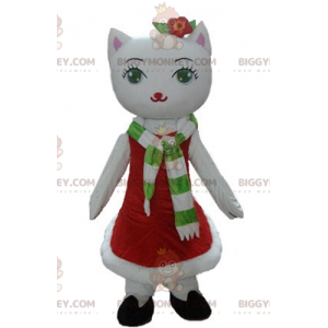Weiße Katze BIGGYMONKEY™ Maskottchenkostüm mit Weihnachtskleid