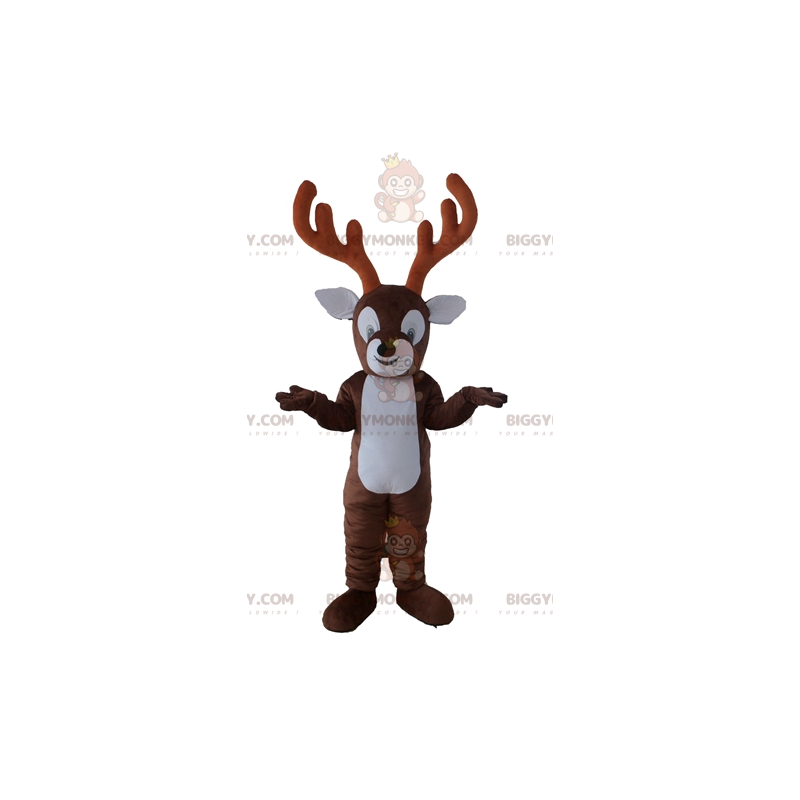 Kostium maskotki BIGGYMONKEY™ Brązowo-biały renifer z dużym Kostium maskotki BIGGYMONKEY™ Brązowo-biały renifer z dużym