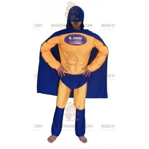 Superhjältedräkt i blå och gul outfit - BiggyMonkey maskot