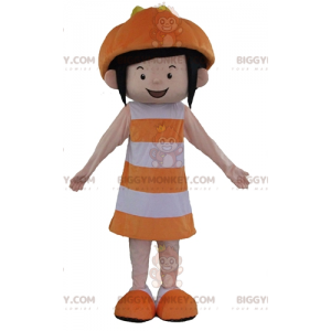 BIGGYMONKEY™ maskotkostume af smilende pige i orange og hvidt