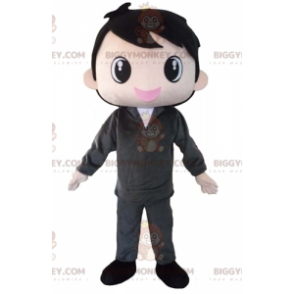 Traje de mascote BIGGYMONKEY™ menino marrom vestido de cinza
