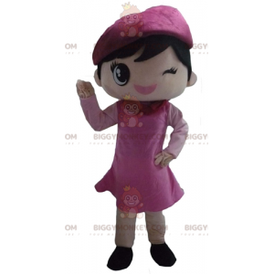 BIGGYMONKEY™ Mascot Costume Flirty Girl Dressed in Pink Dress -