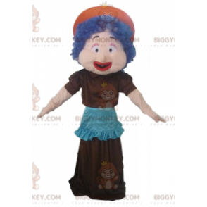 Kvinna BIGGYMONKEY™ maskotdräkt med blått hårklänning och