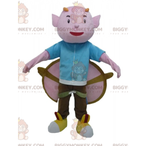 BIGGYMONKEY™ Maskottchenkostüm Rosa Kobold mit Hörnern und