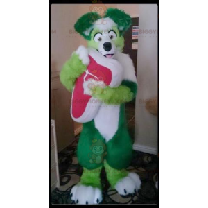 Celý kostým maskota chlupatého zeleného a bílého psa