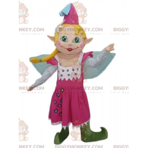 Traje de mascote BIGGYMONKEY™ de linda fada em vestido rosa com