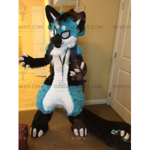 Costume de mascotte BIGGYMONKEY™ de chat poilu bleu blanc et