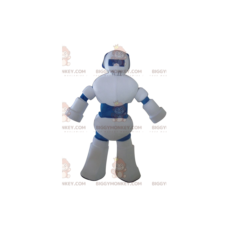 Fantasia de mascote de robô gigante branco e azul BIGGYMONKEY™ Fantasia de mascote de robô gigante branco e azul BIGGYMONKEY™