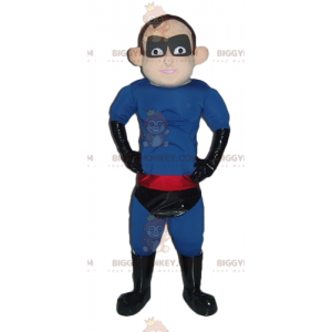 Στολή μασκότ Superhero BIGGYMONKEY™ Μπλε Μαύρο Κόκκινο -