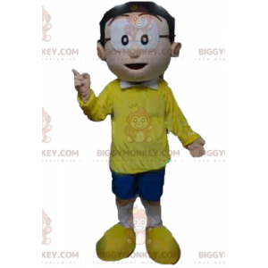 BIGGYMONKEY™-mascottekostuum voor heren met bril en geel-blauwe