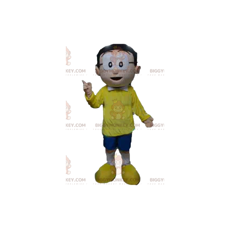 BIGGYMONKEY™-mascottekostuum voor heren met bril en geel-blauwe