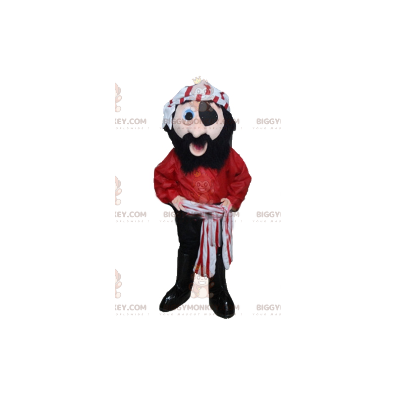 Traje de mascote de pirata BIGGYMONKEY™ em traje vermelho preto Traje de mascote de pirata BIGGYMONKEY™ em traje vermelho preto