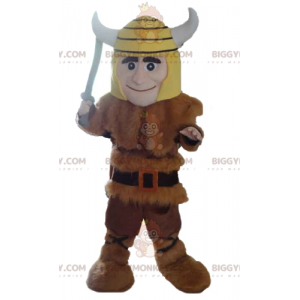 BIGGYMONKEY™ Beast Skin Viking maskotkostume med gul hjelm -